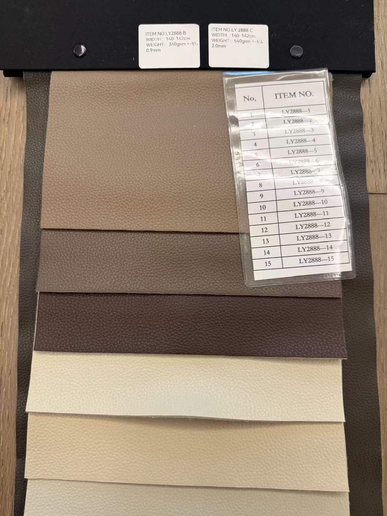 LY2888 PVC upholstery leather real color card and verified B and C specifications
