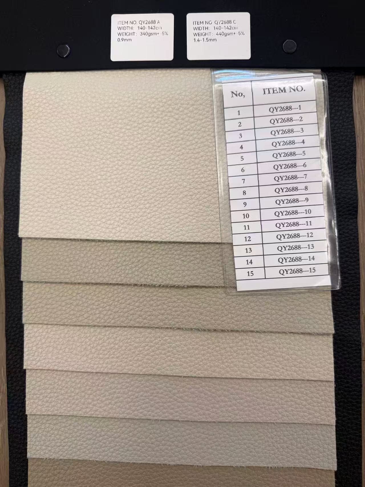 QY2688 PVC upholstery leather real color card and verified A and C specifications