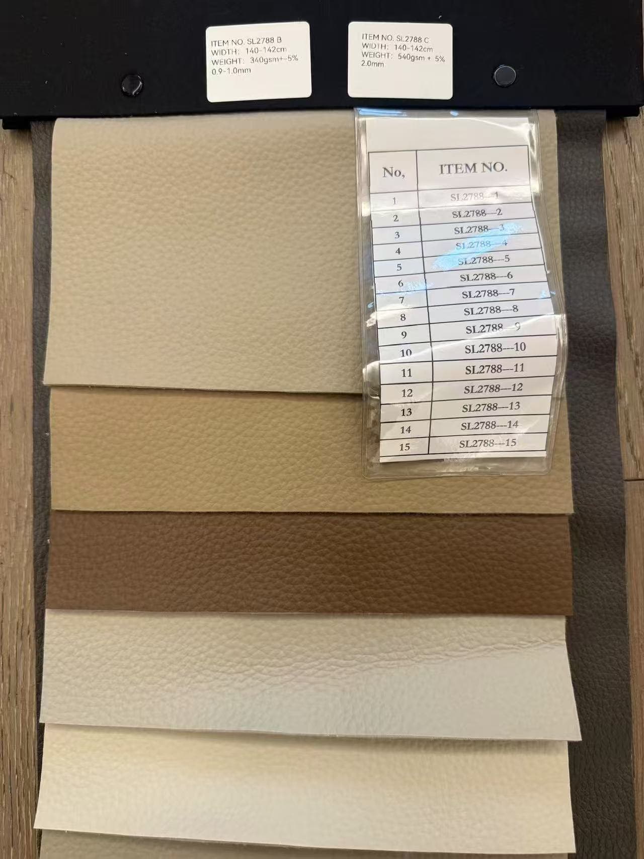 SL2788 PVC upholstery leather real color card with 0.9 to 1.0 mm and 2.0 mm specifications